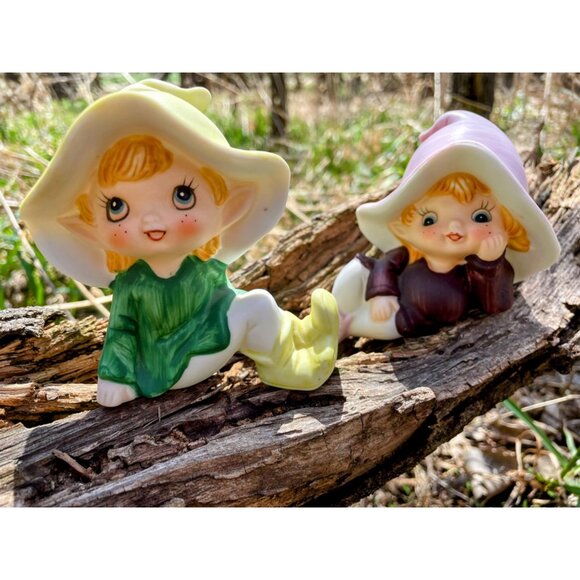 Vintage 1970s Pair Homco Bisque Porcelain Pixie fairy girls - Picture 12 of 14